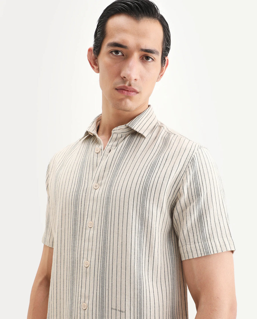 Rare Rabbit Men's Seton Beige Linen Blend Fabric Half Sleeve Spread Collar Regular Fit Striped Shirt