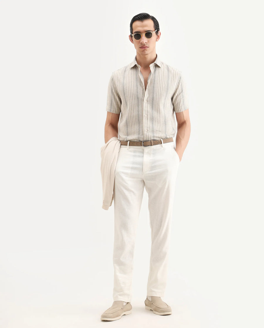 Rare Rabbit Men's Seton Beige Linen Blend Fabric Half Sleeve Spread Collar Regular Fit Striped Shirt