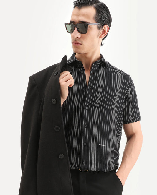 Rare Rabbit Men's Seton Dusky Black Linen Blend Fabric Half Sleeve Spread Collar Regular Fit Shirt
