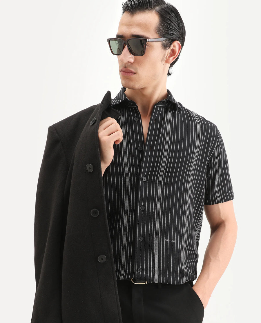 Rare Rabbit Men's Seton Dusky Black Linen Blend Fabric Half Sleeve Spread Collar Regular Fit Shirt