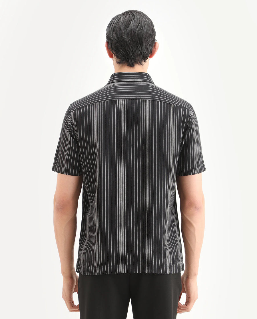 Rare Rabbit Men's Seton Dusky Black Linen Blend Fabric Half Sleeve Spread Collar Regular Fit Shirt