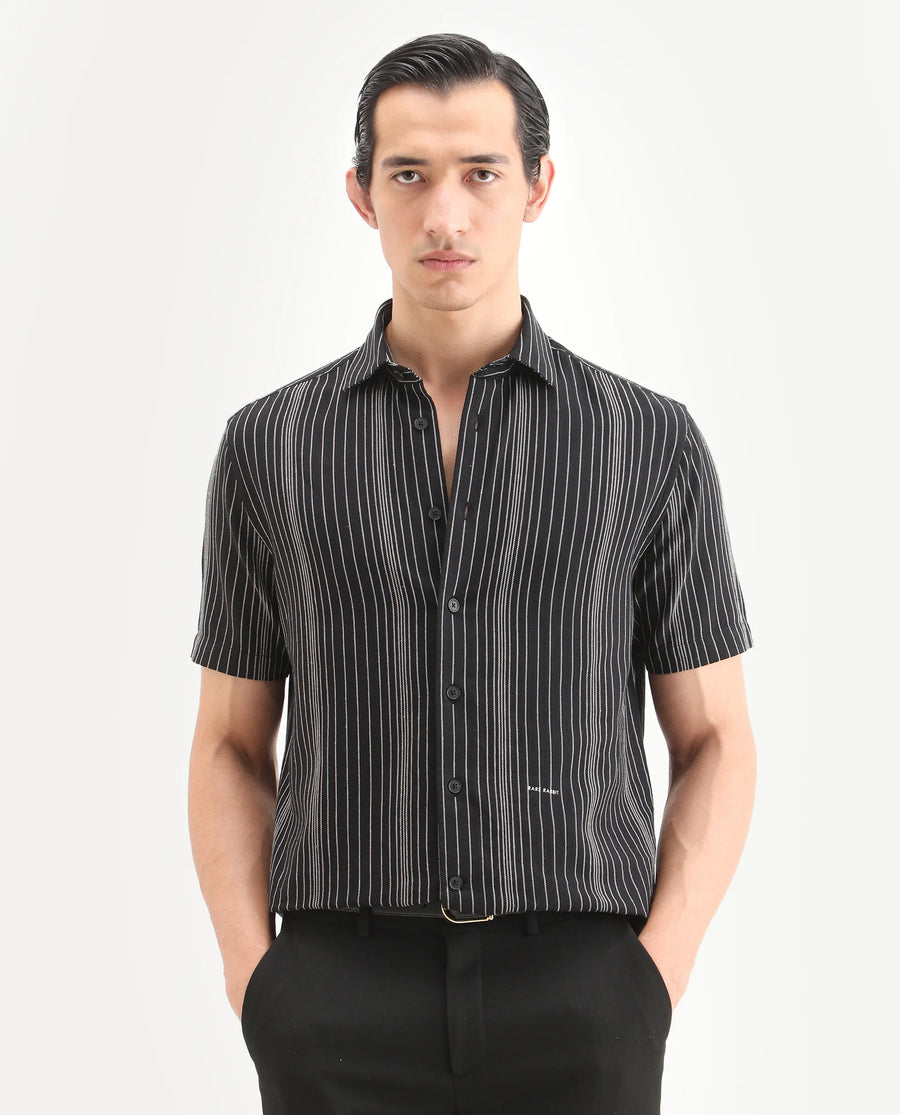 Rare Rabbit Men's Seton Dusky Black Linen Blend Fabric Half Sleeve Spread Collar Regular Fit Shirt