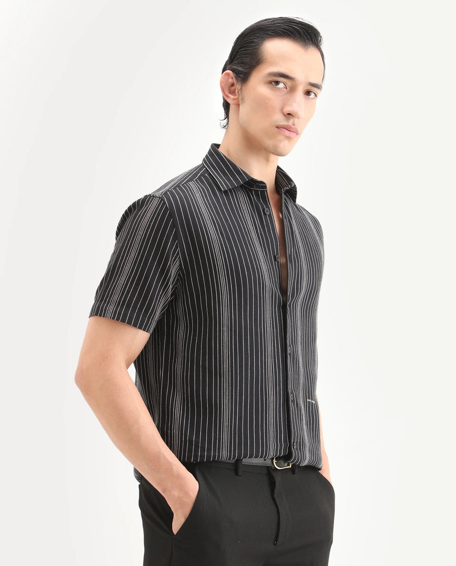 Rare Rabbit Men's Seton Dusky Black Linen Blend Fabric Half Sleeve Spread Collar Regular Fit Shirt