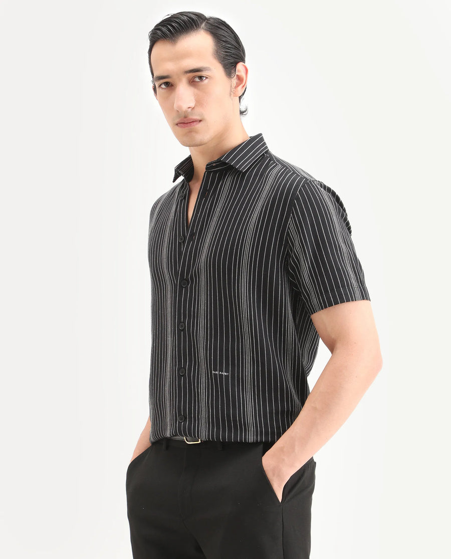 Rare Rabbit Men's Seton Dusky Black Linen Blend Fabric Half Sleeve Spread Collar Regular Fit Shirt