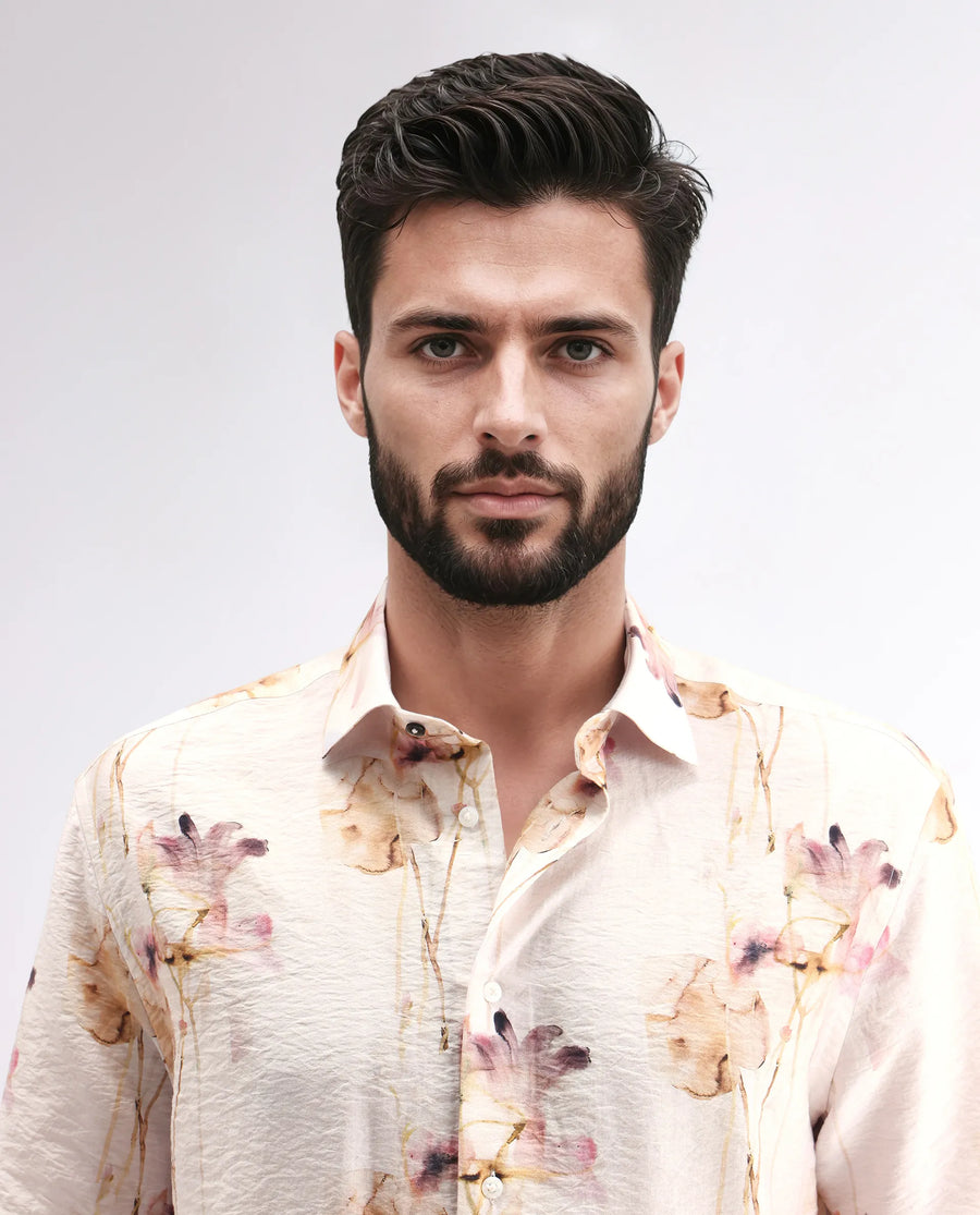 Rare Rabbit Men's Sha Beige Viscose Blend Abstract Print Relaxed Fit Half Sleeve Collared Shirt