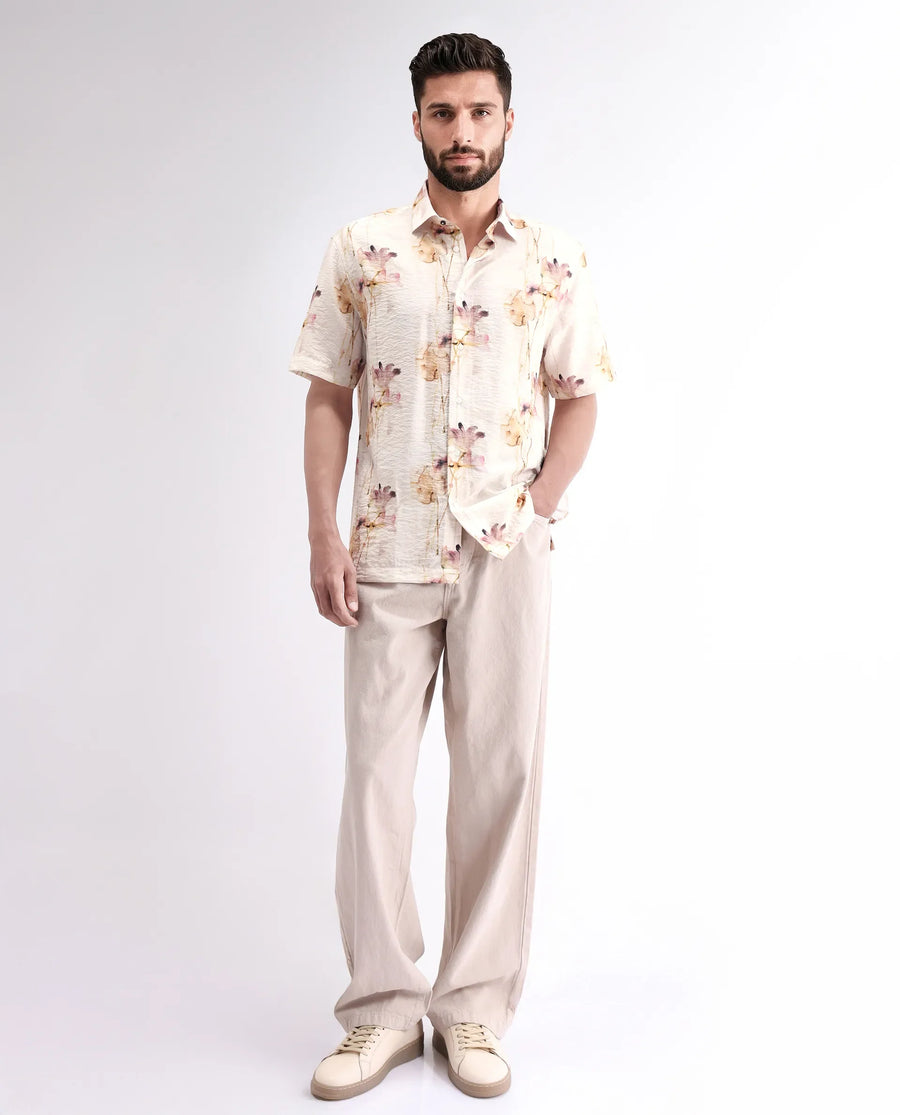 Rare Rabbit Men's Sha Beige Viscose Blend Abstract Print Relaxed Fit Half Sleeve Collared Shirt