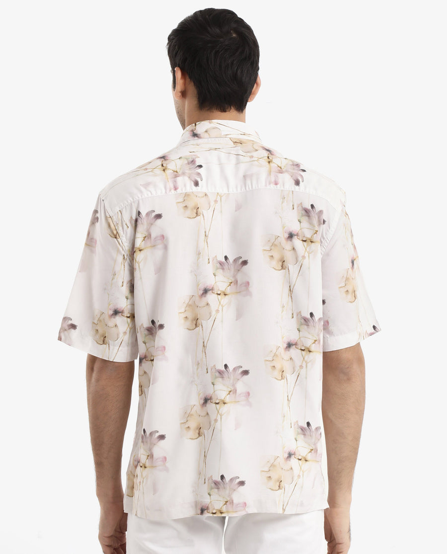 Rare Rabbit Men's Shaula Beige Viscose Floral Print Boxy Fit Half Sleeve Collared Shirt