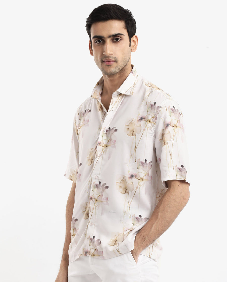 Rare Rabbit Men's Shaula Beige Viscose Floral Print Boxy Fit Half Sleeve Collared Shirt