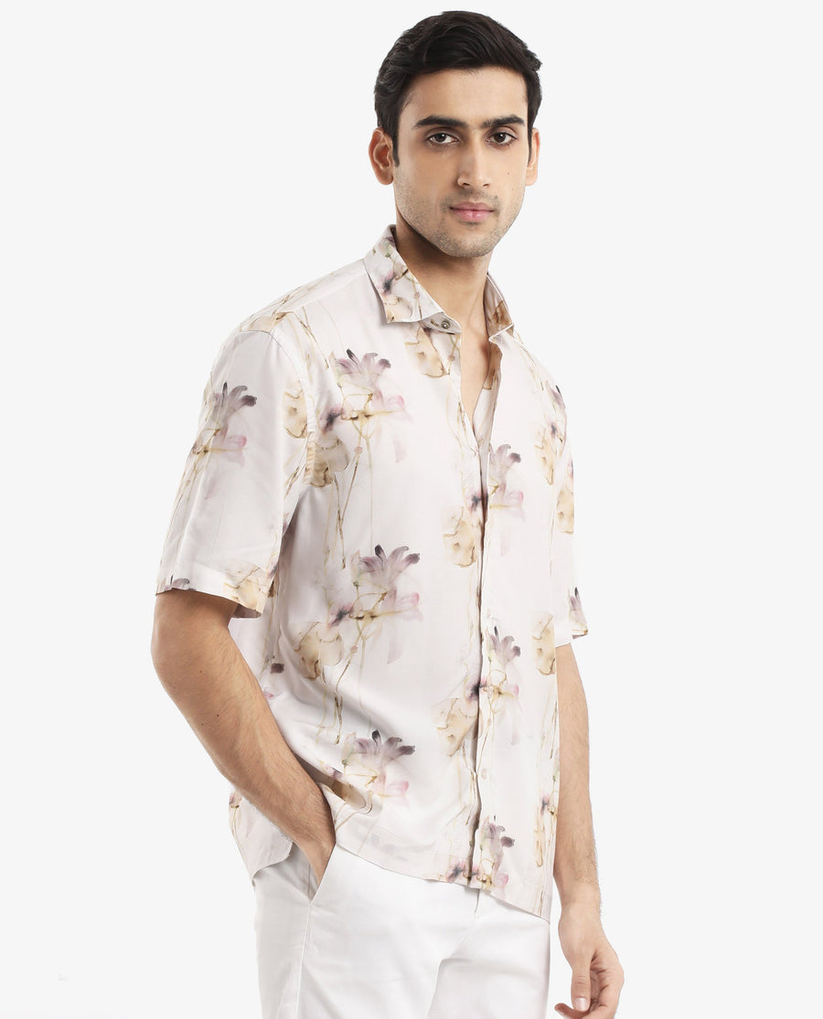 Rare Rabbit Men's Shaula Beige Viscose Floral Print Boxy Fit Half Sleeve Collared Shirt