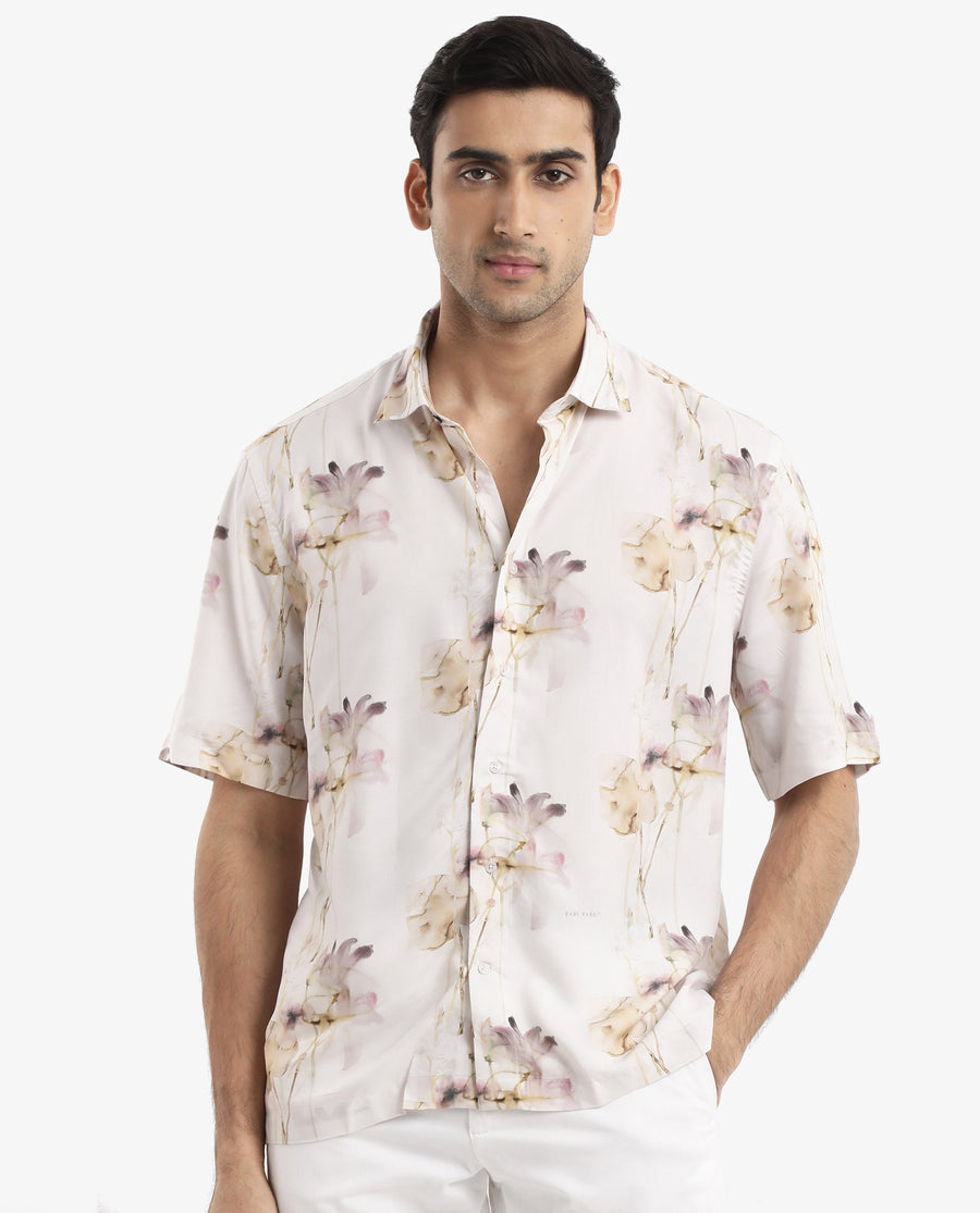 Rare Rabbit Men's Shaula Beige Viscose Floral Print Boxy Fit Half Sleeve Collared Shirt