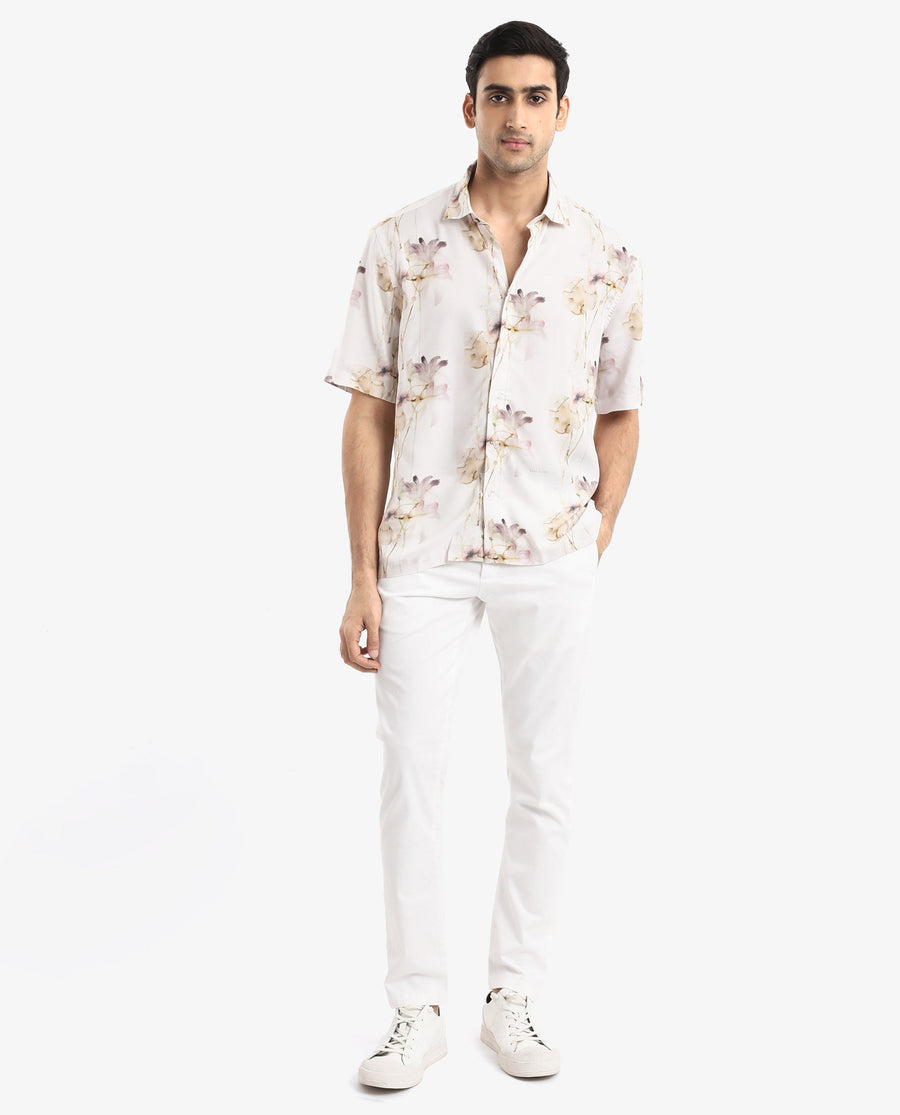 Rare Rabbit Men's Shaula Beige Viscose Floral Print Boxy Fit Half Sleeve Collared Shirt