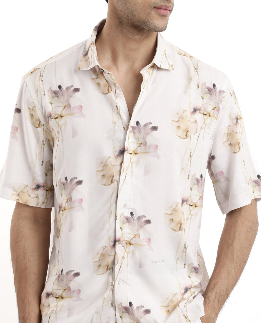 Rare Rabbit Men's Shaula Beige Viscose Floral Print Boxy Fit Half Sleeve Collared Shirt