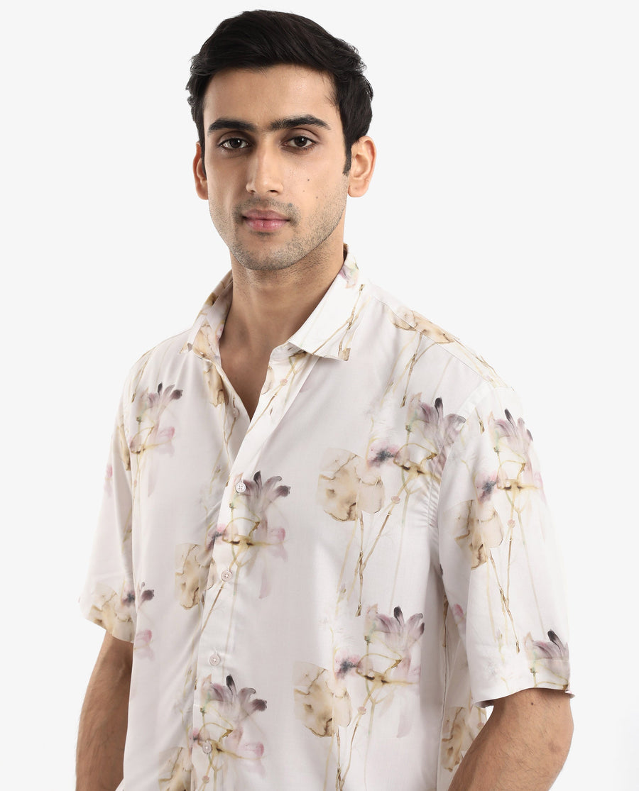 Rare Rabbit Men's Shaula Beige Viscose Floral Print Boxy Fit Half Sleeve Collared Shirt