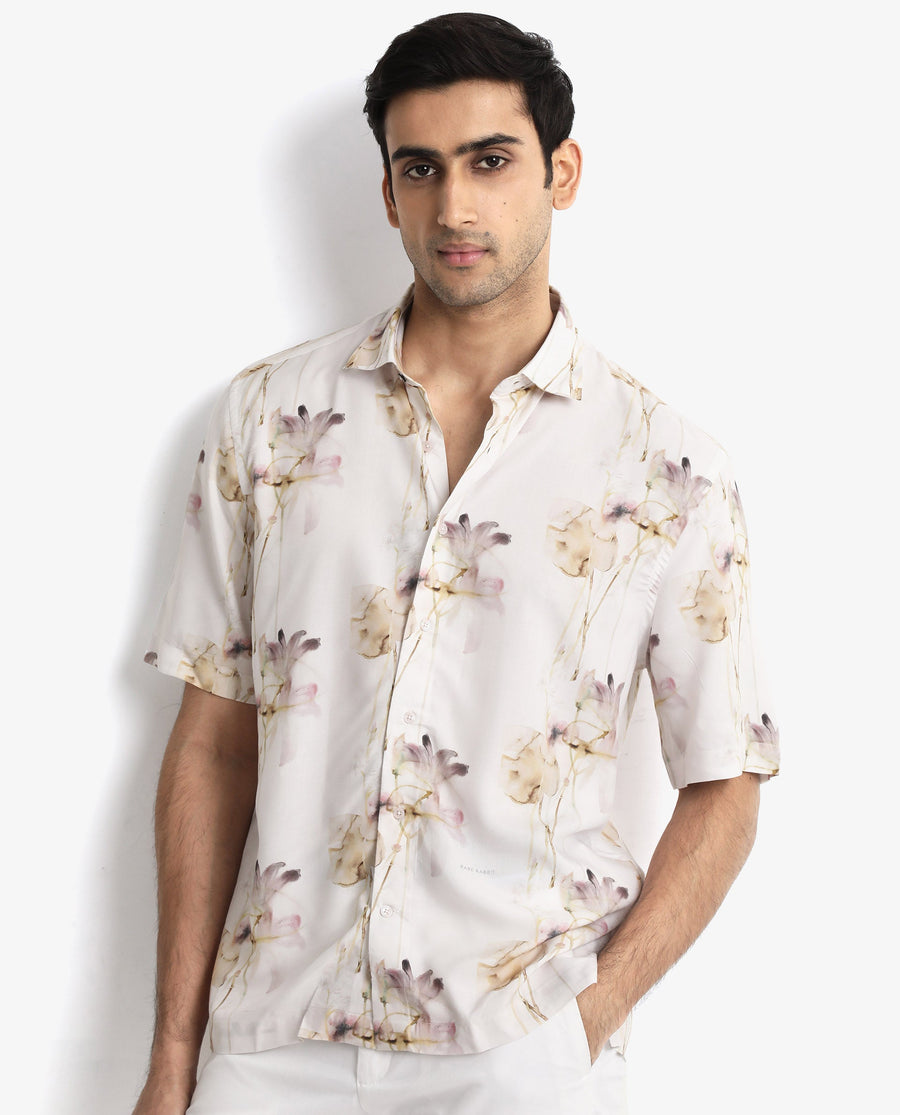 Rare Rabbit Men's Shaula Beige Viscose Floral Print Boxy Fit Half Sleeve Collared Shirt