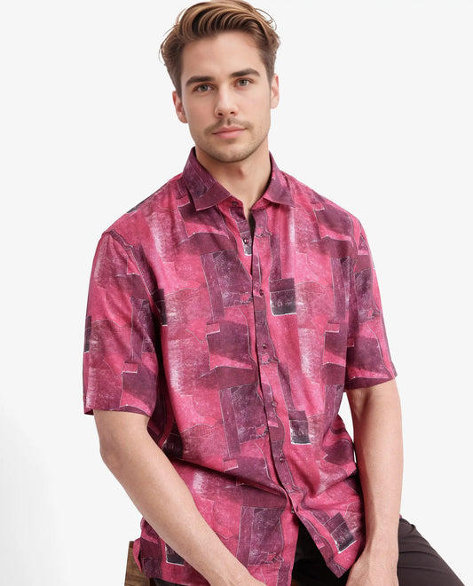 Rare Rabbit Men's Sheat Maroon Viscose Abstract Print Boxy Fit Half Sleeve Collared Shirt