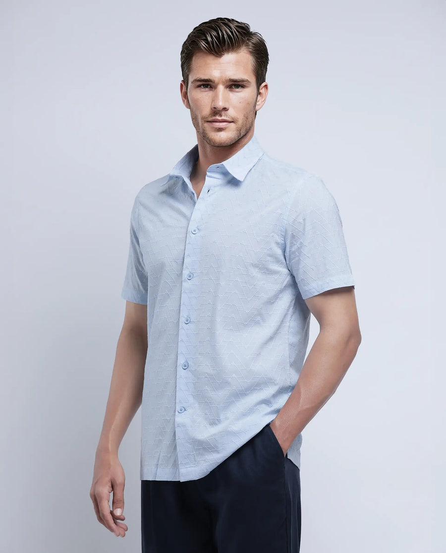 Rare Rabbit Men's Shek Blue Cotton Textured Regular Fit Half Sleeve Collared Shirt