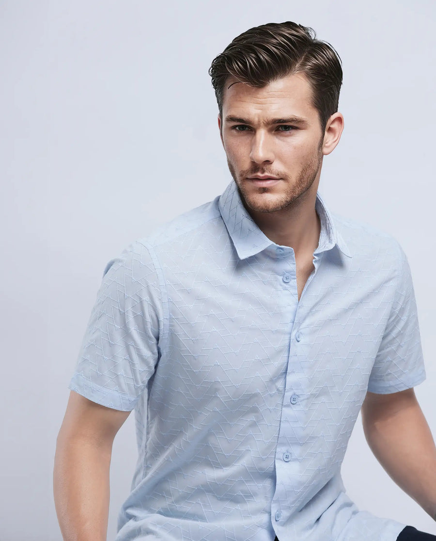 Rare Rabbit Men's Shek Blue Cotton Textured Regular Fit Half Sleeve Collared Shirt