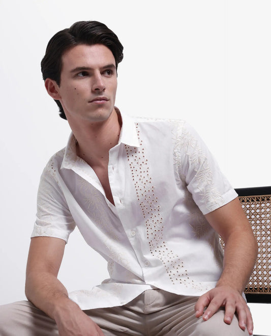 Rare Rabbit Men's Shel White Cotton Embroidered Regular Fit Half Sleeve Collared Shirt