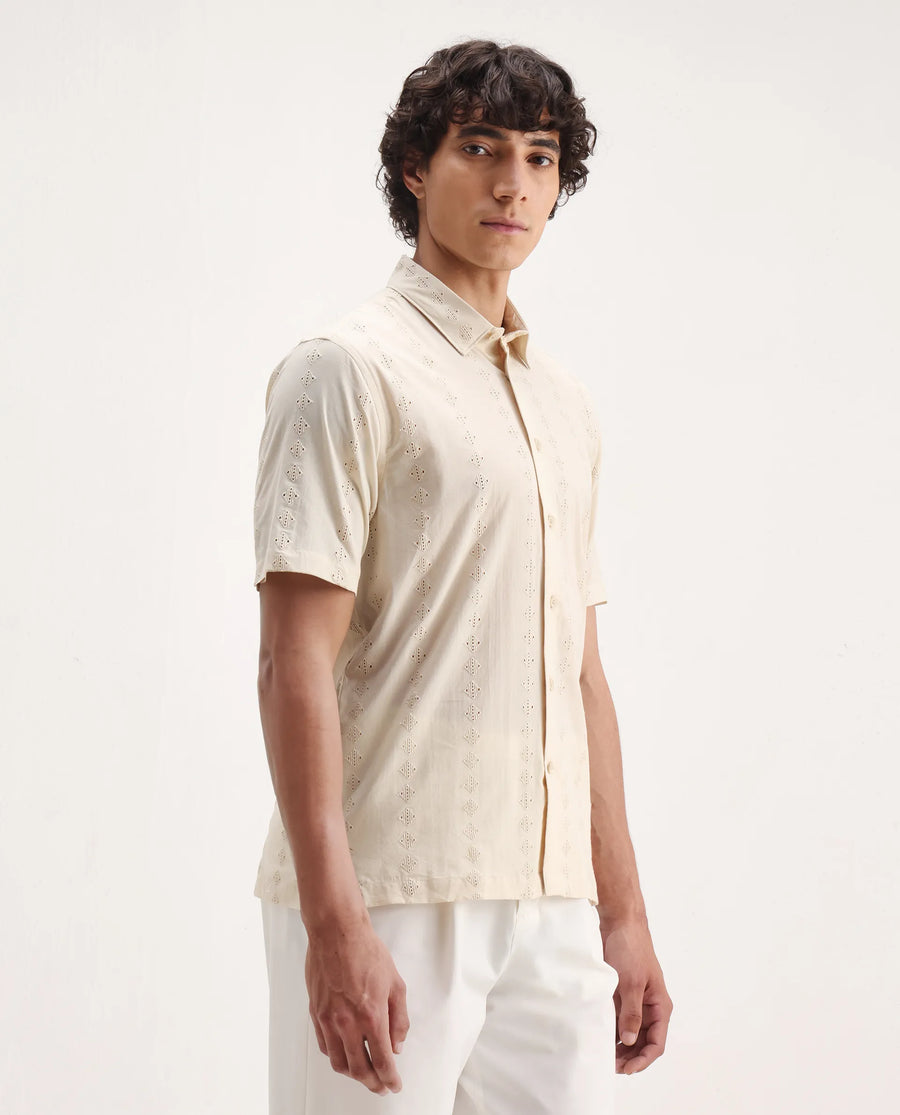 Rare Rabbit Men's Shen Beige Cotton Embroidered Regular Fit Half Sleeve Collared Shirt