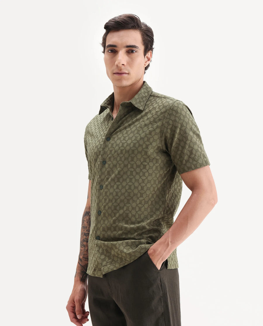 Rare Rabbit Men's Shef Olive Cotton Embroidered Regular Fit Half Sleeve Collared Shirt