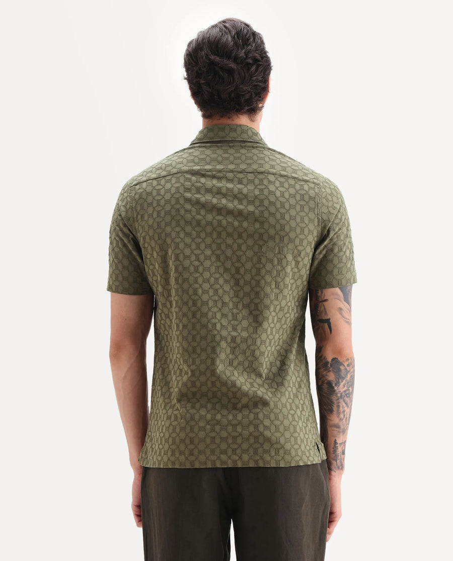 Rare Rabbit Men's Shef Olive Cotton Embroidered Regular Fit Half Sleeve Collared Shirt
