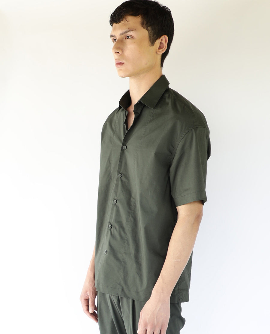 Rare Rabbit Men's Shibuya Olive Cotton Plain Regular Fit Half Sleeve Collared Shirt