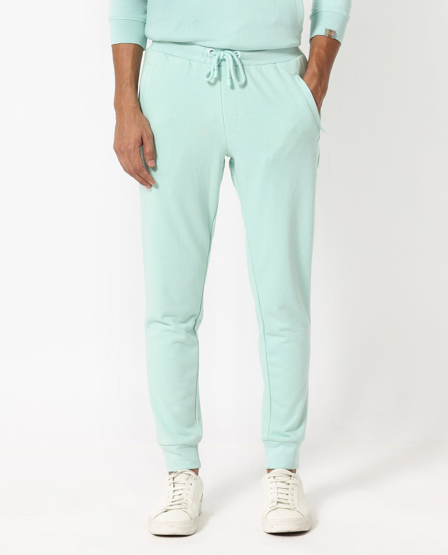 Rare Rabbit Men's Shiga Light Blue Cotton Plain Regular Fit Joggers