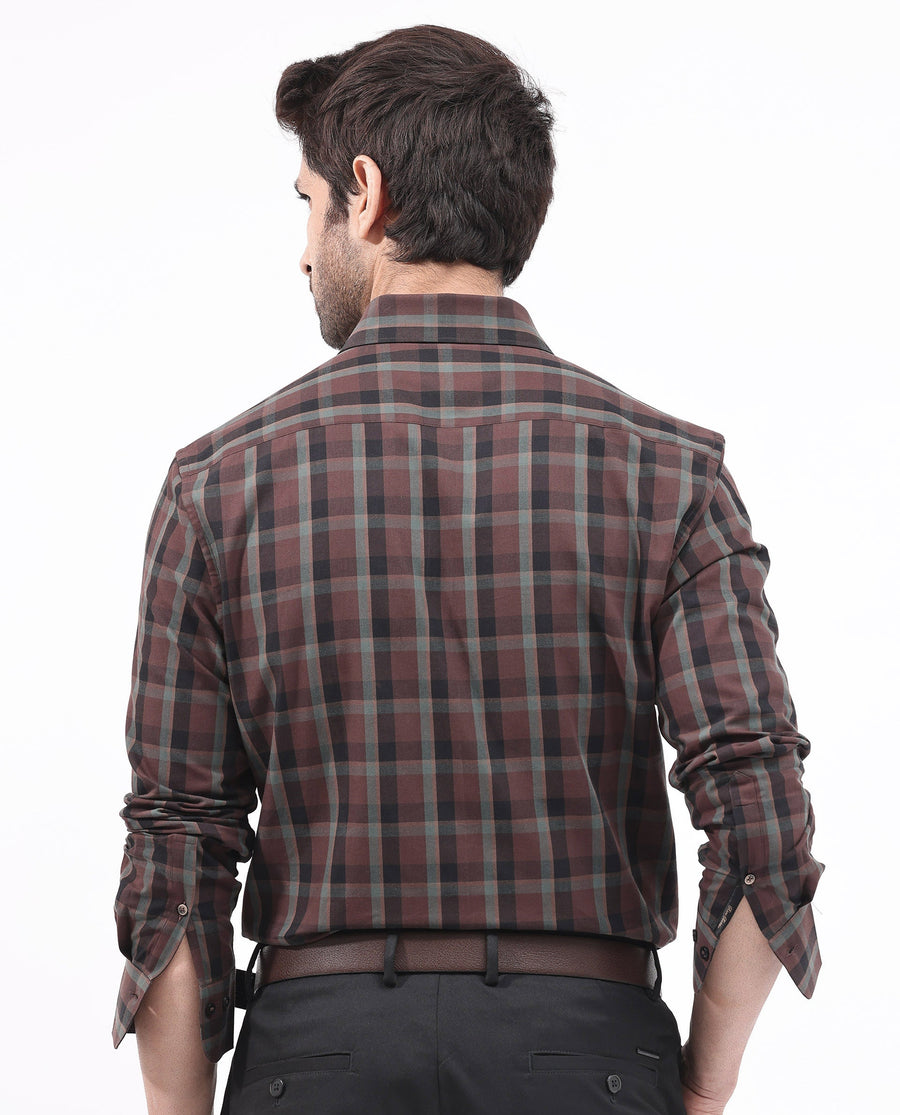 Rare Rabbit Men's Shiloh Brown Cotton Checked Print Regular Fit Full Sleeve Collared Shirt
