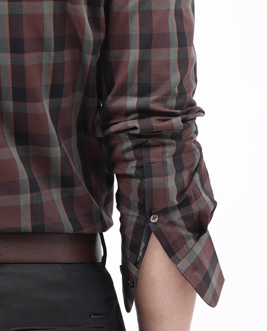 Rare Rabbit Men's Shiloh Brown Cotton Checked Print Regular Fit Full Sleeve Collared Shirt