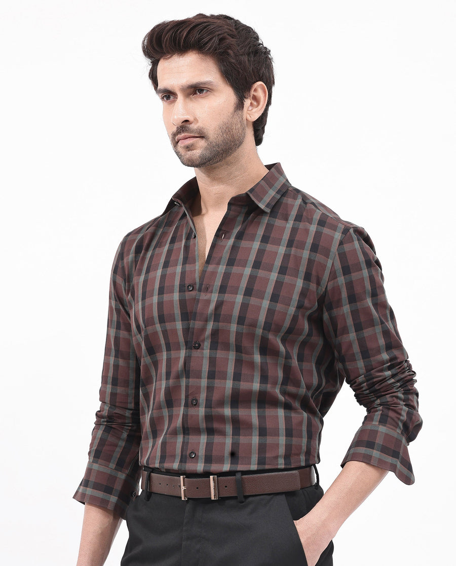 Rare Rabbit Men's Shiloh Brown Cotton Checked Print Regular Fit Full Sleeve Collared Shirt