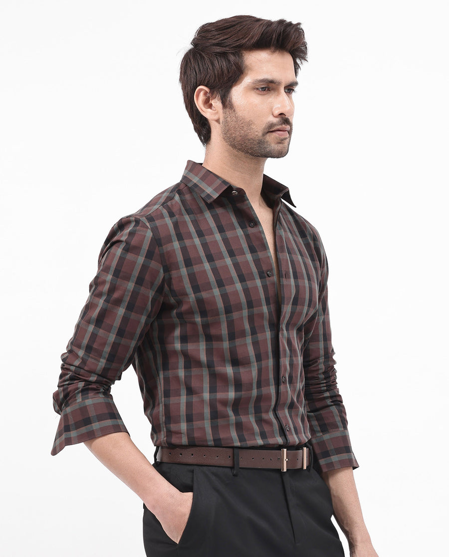 Rare Rabbit Men's Shiloh Brown Cotton Checked Print Regular Fit Full Sleeve Collared Shirt
