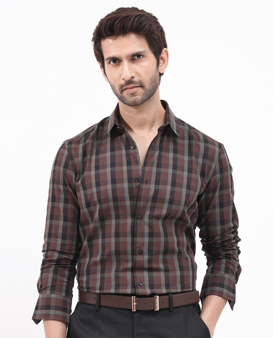 Rare Rabbit Men's Shiloh Brown Cotton Checked Print Regular Fit Full Sleeve Collared Shirt