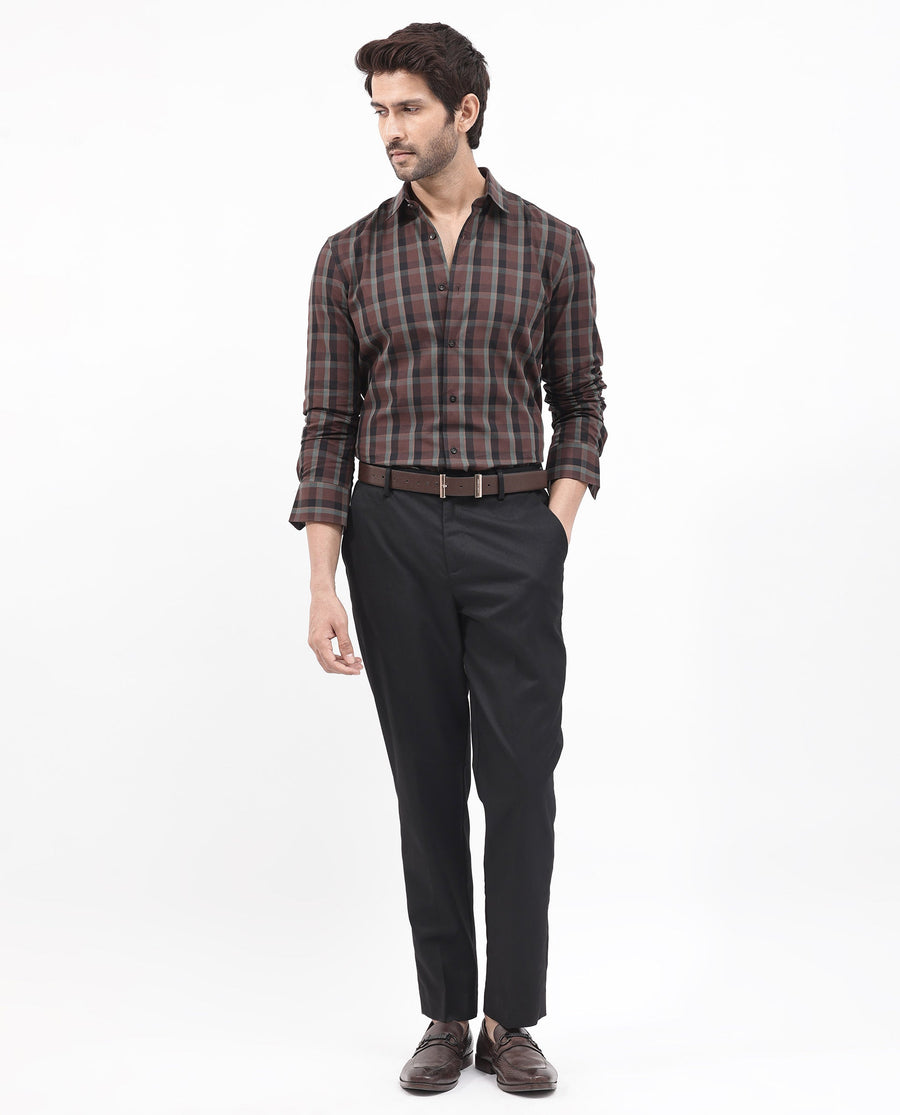Rare Rabbit Men's Shiloh Brown Cotton Checked Print Regular Fit Full Sleeve Collared Shirt