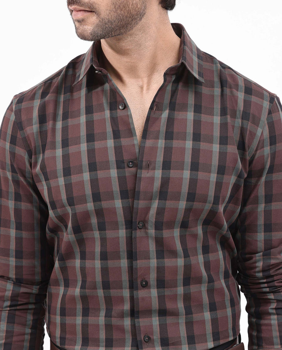 Rare Rabbit Men's Shiloh Brown Cotton Checked Print Regular Fit Full Sleeve Collared Shirt