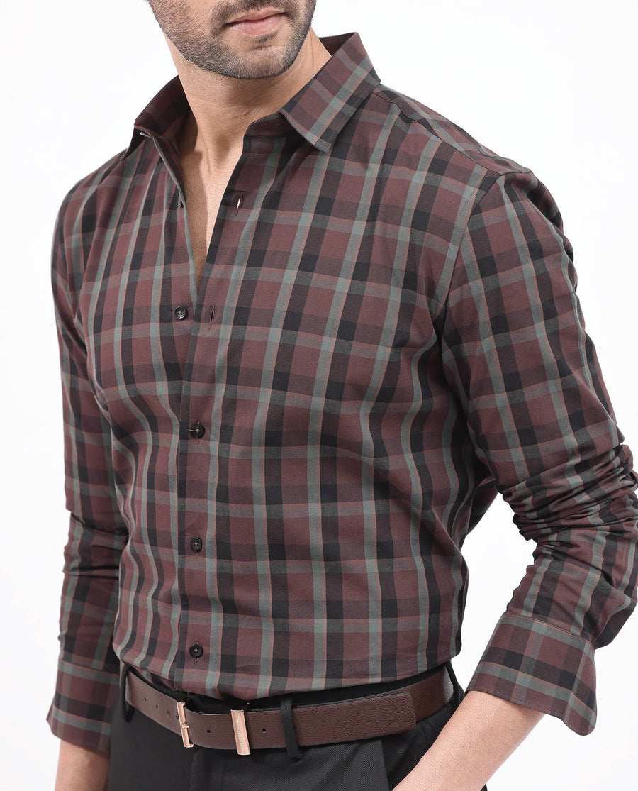 Rare Rabbit Men's Shiloh Brown Cotton Checked Print Regular Fit Full Sleeve Collared Shirt