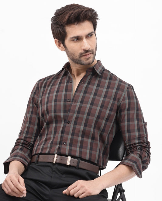 Rare Rabbit Men's Shiloh Brown Cotton Checked Print Regular Fit Full Sleeve Collared Shirt