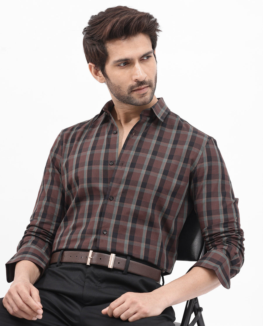 Rare Rabbit Men's Shiloh Brown Cotton Checked Print Regular Fit Full Sleeve Collared Shirt