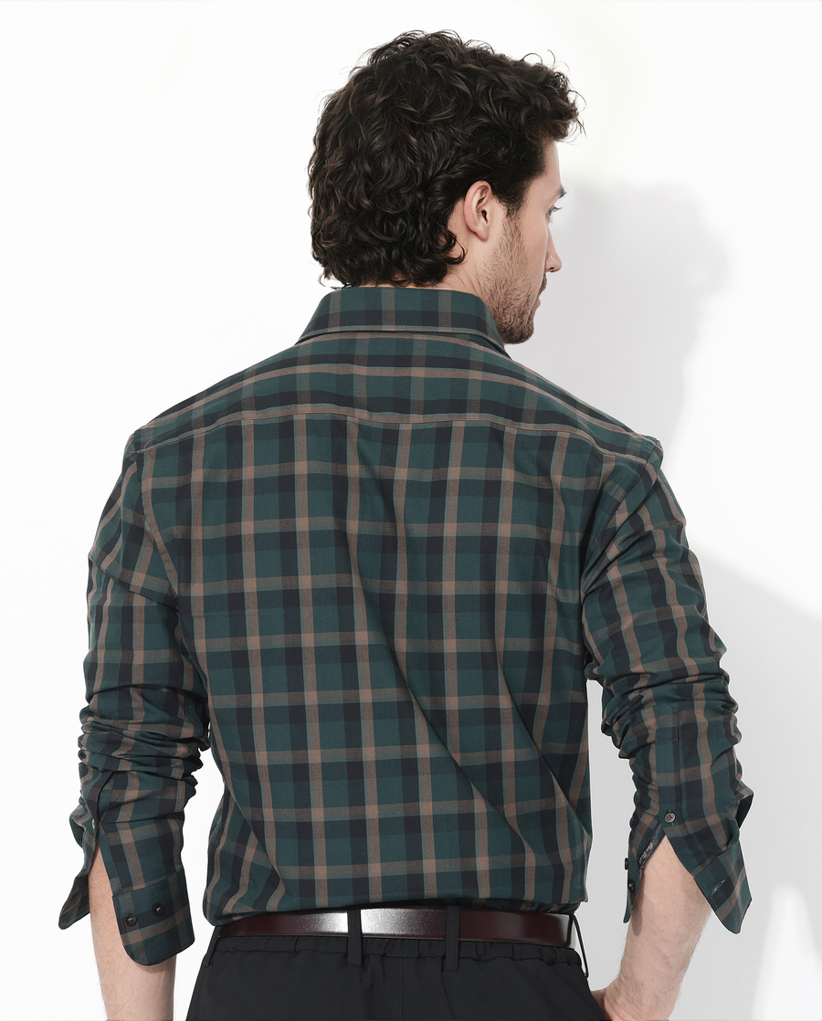 Rare Rabbit Men's Shiloh Dark Green Cotton Checked Print Regular Fit Full Sleeve Collared Shirt