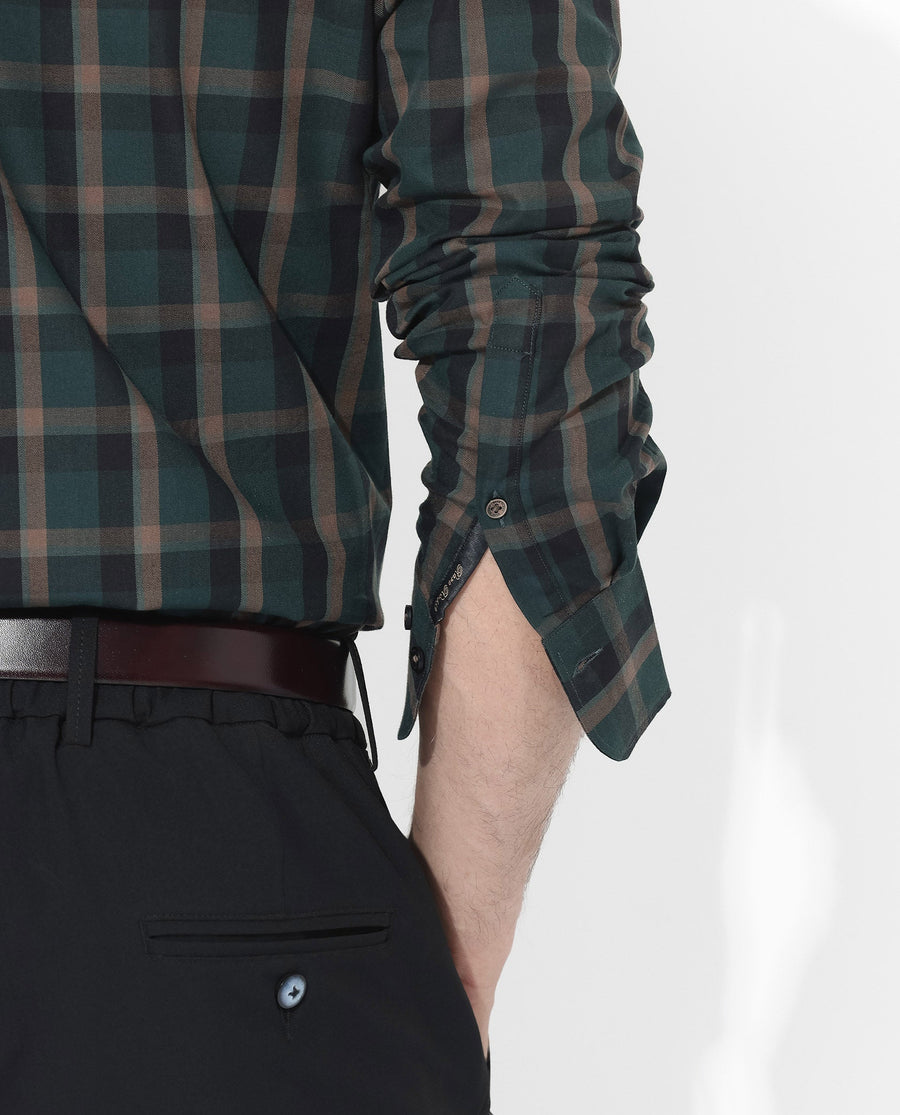 Rare Rabbit Men's Shiloh Dark Green Cotton Checked Print Regular Fit Full Sleeve Collared Shirt