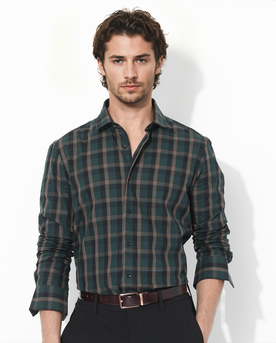 Rare Rabbit Men's Shiloh Dark Green Cotton Checked Print Regular Fit Full Sleeve Collared Shirt