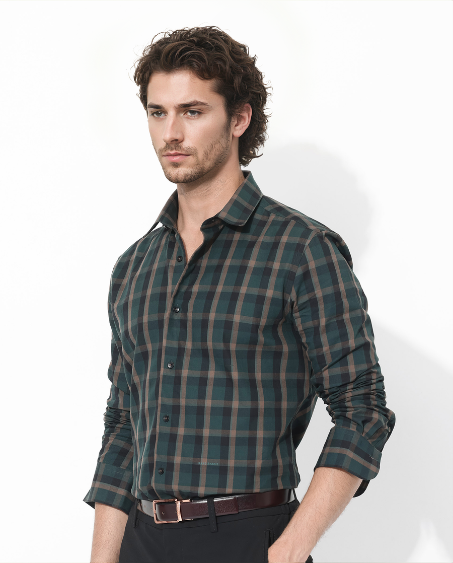 Rare Rabbit Men's Shiloh Dark Green Cotton Checked Print Regular Fit Full Sleeve Collared Shirt
