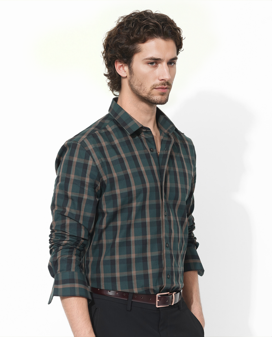 Rare Rabbit Men's Shiloh Dark Green Cotton Checked Print Regular Fit Full Sleeve Collared Shirt