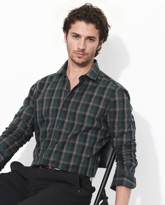 Rare Rabbit Men's Shiloh Dark Green Cotton Checked Print Regular Fit Full Sleeve Collared Shirt