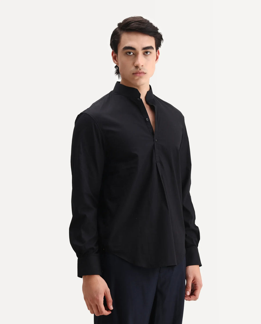 Rare Rabbit Men's Shin Black Cotton Plain Regular Fit Full Sleeve Mandarin Collar Shirt