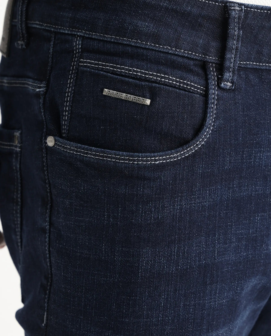 Rare Rabbit Men's Shirol Blue Cotton Blend Plain Hawk Slim Fit Jeans