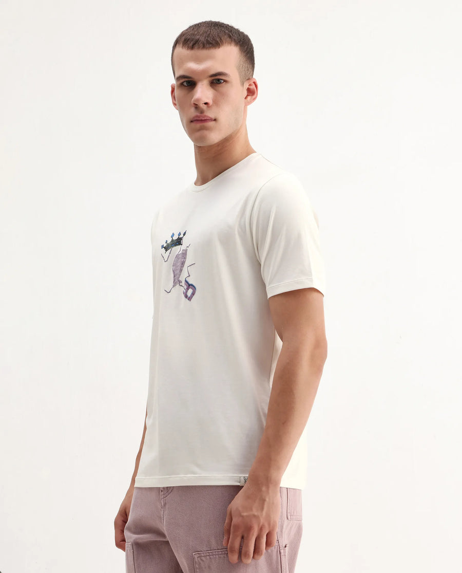 Rare Rabbit Men's Shone Off White Cotton Blend Graphic Print Regular Fit Half Sleeve Crew Neck T-Shirt