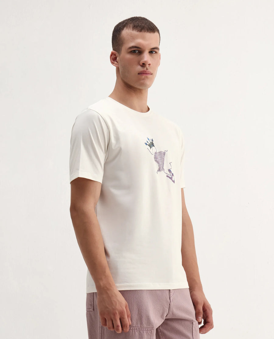 Rare Rabbit Men's Shone Off White Cotton Blend Graphic Print Regular Fit Half Sleeve Crew Neck T-Shirt