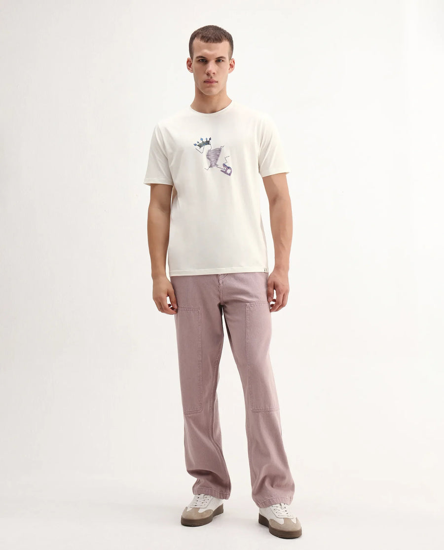 Rare Rabbit Men's Shone Off White Cotton Blend Graphic Print Regular Fit Half Sleeve Crew Neck T-Shirt