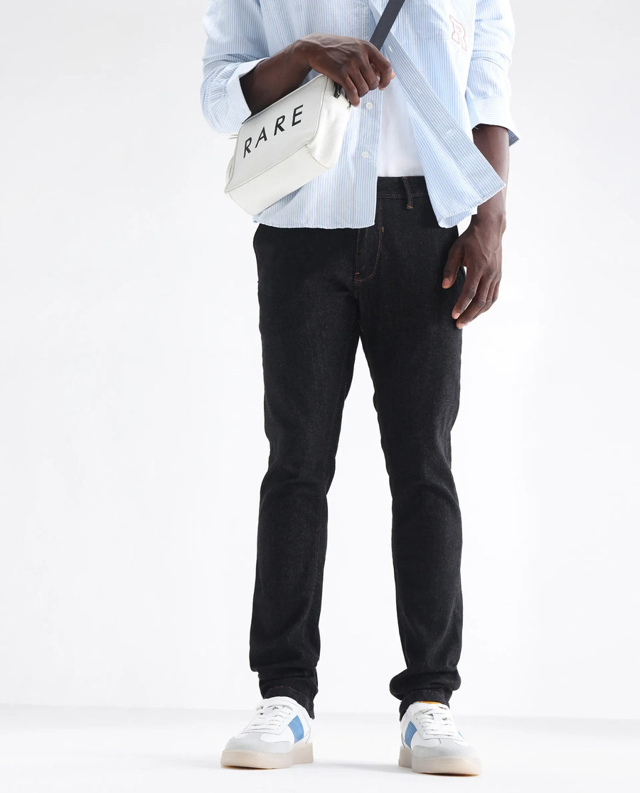Rare Rabbit Men's Shooter Black Cotton Plain Hawk Slim Fit Jeans