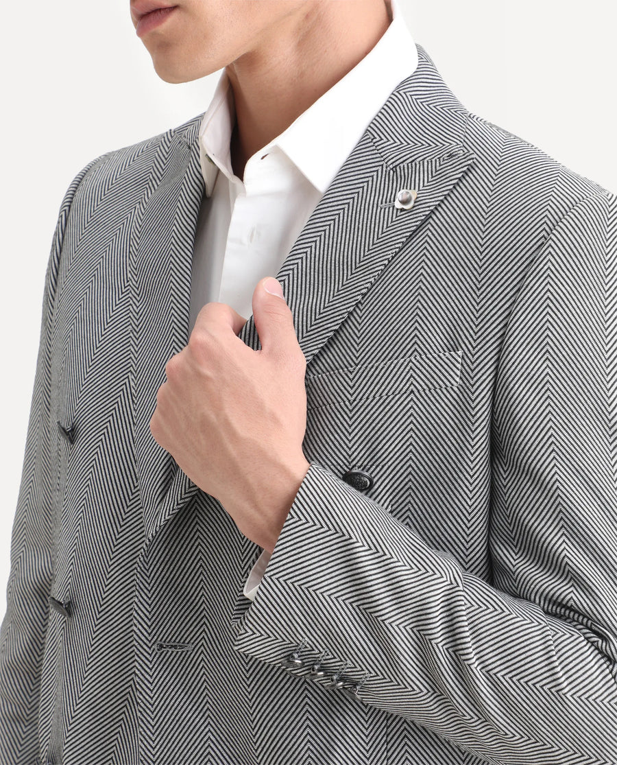 Rare Rabbit Men's Sierres Light Grey Viscose Textured Tailored Fit Full Sleeve Lapel Neck Suits